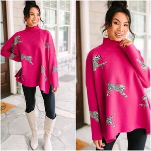 Entro Hot Pink Oversized Cheetah Sweater Size L